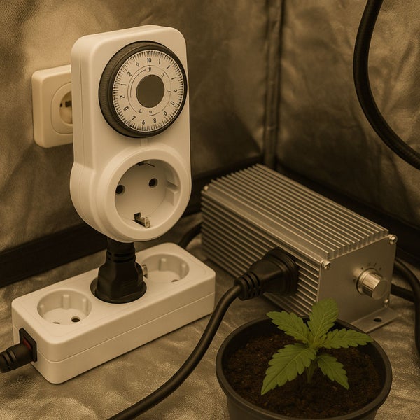 Aufnahme von einer Zeitschaltuhr, einer Steckdosenleiste, einem elektronischen Vorschaltgerät und einer Pflanze in einem Topf