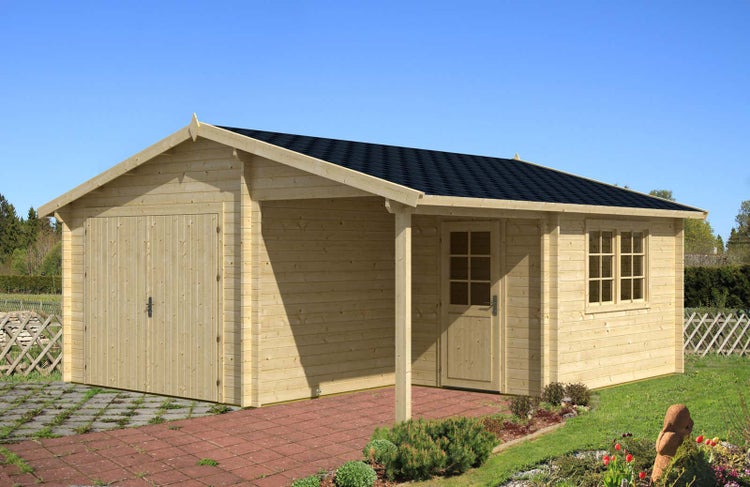 Alpholz Holzgarage Kalmar-44 ISO Garage aus Holz, Unterstellplatz mit 44 mm Wandstärke, Fertiggarage mit Montagematerial, Naturbelassen 5,2x5,7m
