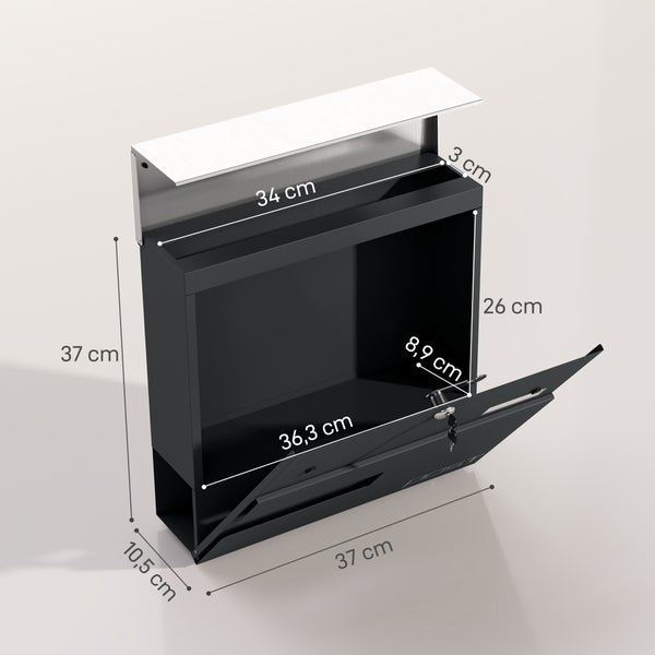 HOMCOM Briefkasten Wandbriefkasten aus Stahl mit Sichtfenster, Schloss, Kupferkern, Postkasten für Outdoor, 37 x 10,5 x 37 cm, Dunkelgrau