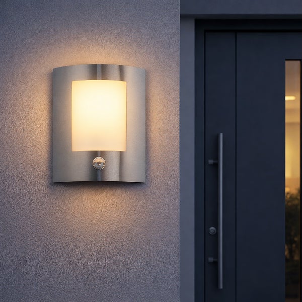 Moderne Außenwandleuchte mit Bewegungsmelder neben einer Haustür, Edelstahloptik, warmes Licht auf strukturierter Wand.