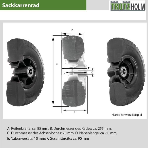 Sackkarrenrad mit Schnittansicht und Maßangaben