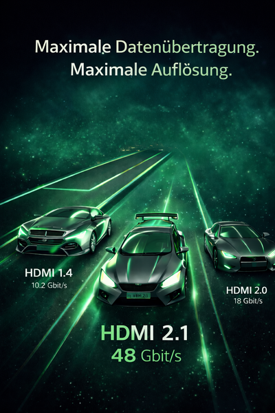 Grafik mit drei stilisierten Autos, die HDMI Standards und Datenübertragungsraten veranschaulichen