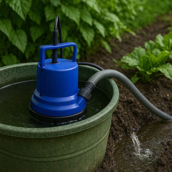 Tauchpumpe in einem Eimer mit Wasser, mit Schlauch zum Abpumpen des Wassers