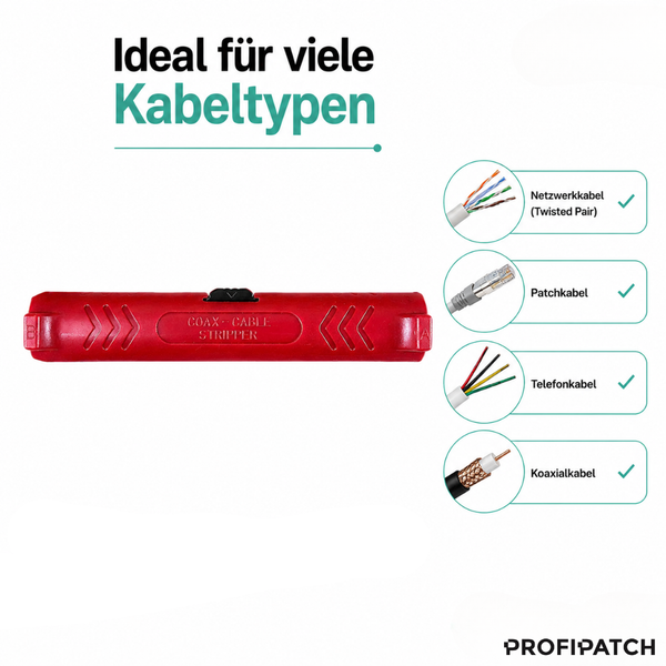 Abisolierwerkzeug für Netzwerk-, Patch-, Telefon- und Koaxialkabel. PROFIPATCH Logo.