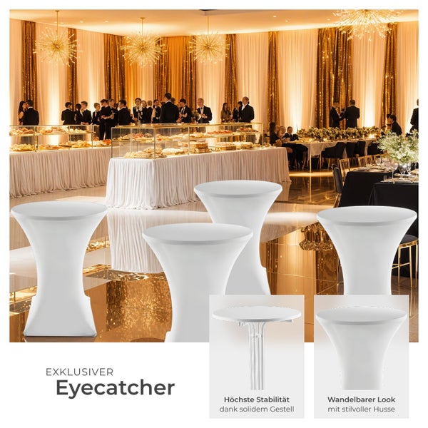 Szene mit mehreren Stehtischen und stilvollem Ambiente für exklusive Veranstaltungen