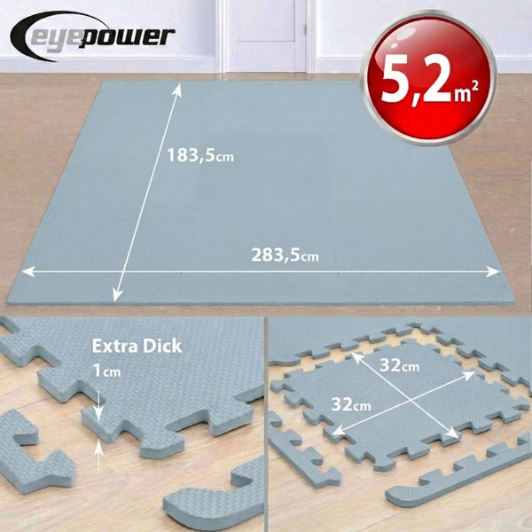 eyepower Logo. Puzzlematte 183,5 mal 283,5 Zentimeter, 5,2 Quadratmeter. Dicke 1 Zentimeter, Einzelmatten 32 mal 32 Zentimeter.