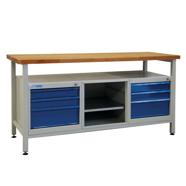 PROREGAL Werkbank Giant Rhino mit Ablagefach 6 Schubladen Regalfach HxBxT 84 x 170 x 60 cm Traglast 500 kg Lichtgrau Blau