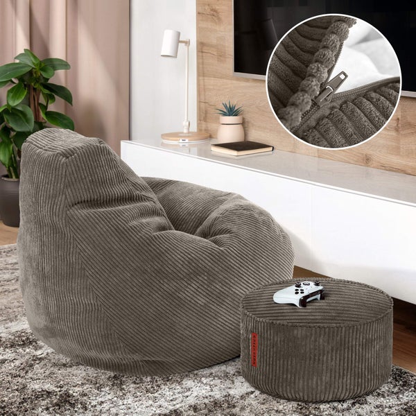 Green Bean Sitzsack mit Hocker aus Cord - Sitzsäcke für das Wohnzimmer, Schlafzimmer, Sitzsack-Sessel für Erwachsene Dunkelgrau