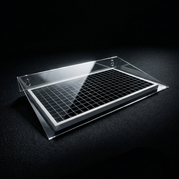 Solarpanel in transparenter Kunststoffhalterung für die Wandmontage.