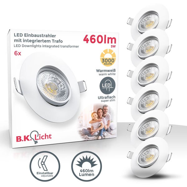 Einbauspot 68mm 6er Set - 230V, 4,9W, 480lm, LED, warmweiß, weiß