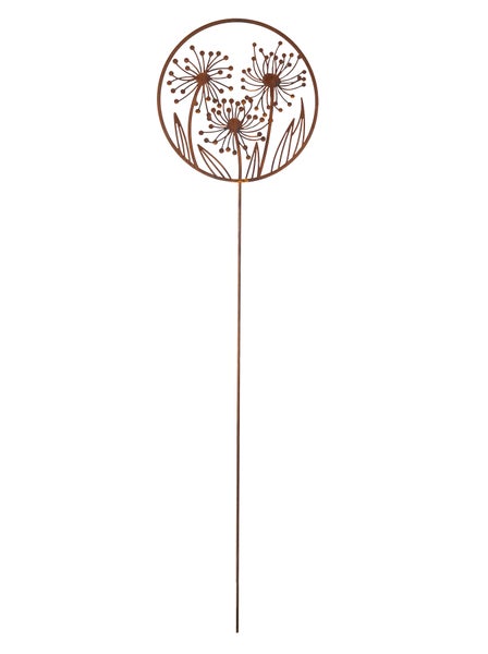 Gartenstecker aus Metall in Rostoptik mit einem runden Motiv von drei Pusteblumen.