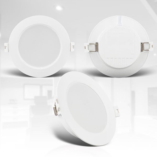 Weiße runde LED-Einbauleuchte aus Kunststoff mit Federklemmen für Deckenmontage, Frontalansicht, Rückansicht und perspektivische Ansicht.