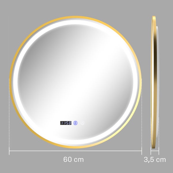 HOMCOM Runder Badspiegel mit Beleuchtung 60cm LED Beschlagfrei Wandspiegel mit Touchschalter Timer 3 Lichtfarben Badezimmerspiegel mit Zeit- und Temperaturanzeige Aluminiumrahmen IP44 für Badezimmer