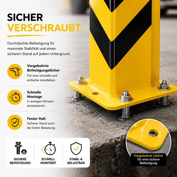 Rammschutzpfosten mit Warnmarkierung auf Beton verschraubt, Icons für vorgebohrte Löcher, schnelle Montage und stabile Befestigung.