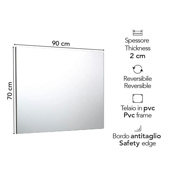 Rechteckiger Spiegel mit PVC-Rahmen, 90 mal 70 Zentimeter, 2 Zentimeter stark, wendbar, mit Sicherheitskante.