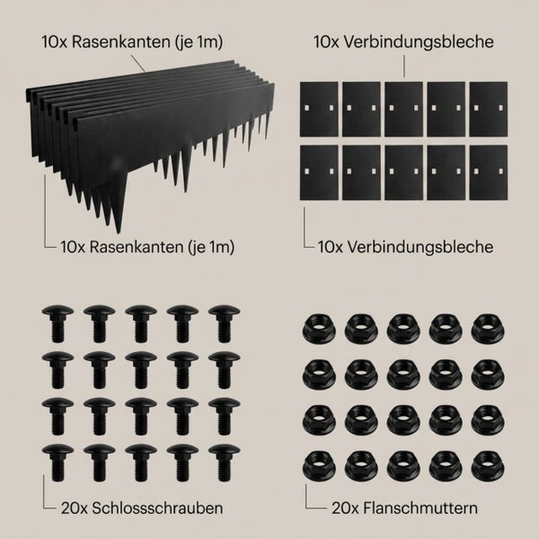 Set mit 10 Rasenkanten, 10 Verbindungsblechen, 20 Schlossschrauben und 20 Flanschmuttern für die Gartenbegrenzung.