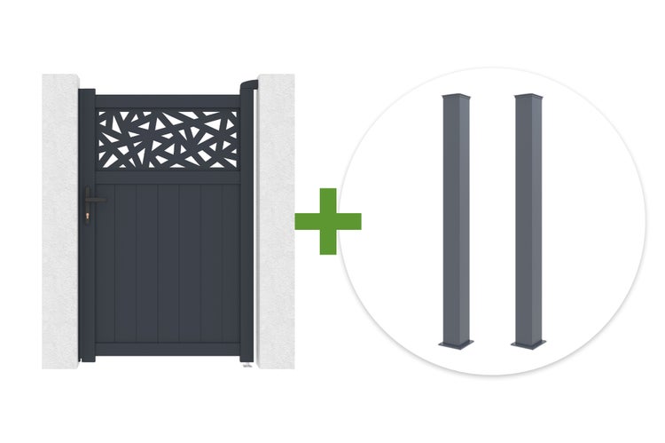 Anthrazitfarbenes Gartentor aus Aluminium mit dekorativem Gittermuster oben, inklusive zwei passenden Pfosten.