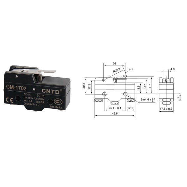Mikroschalter CM-1702 von CNTD mit technischer Maßzeichnung für industrielle Anwendungen.