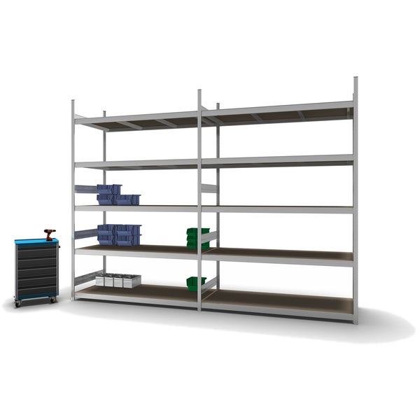 PROREGAL Weitspannregal Stecksystem T-Profil Grundregal HxBxT 300x200x80 cm 5 Ebenen Spanplatten Fachboden Fachlast 350 kg Verzinkt