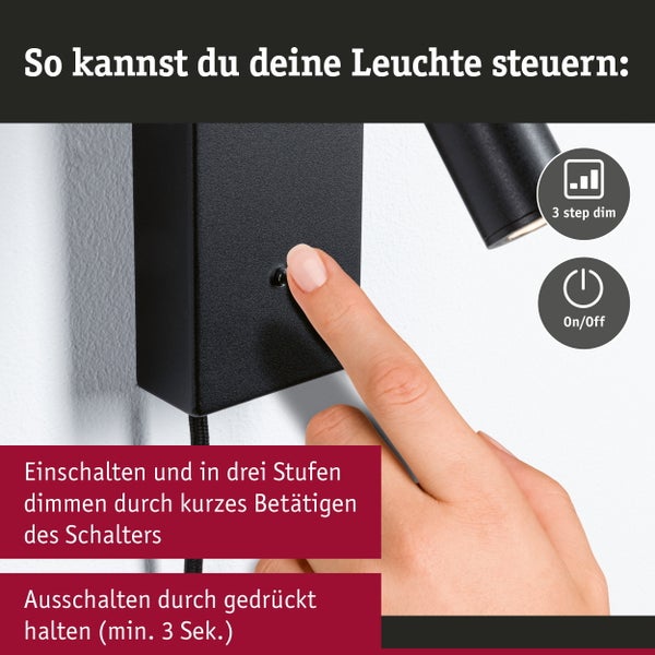 Infografik zur Steuerung der Wandleuchte: Kurzes Drücken zum Einschalten und Dimmen in drei Stufen, langes Drücken zum Ausschalten.
