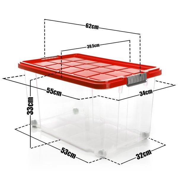 BigDean 3 Stück 60 L Aufbewahrungsbox mit Deckel groß rot - stapelbare robuste Box BPA-frei - rollbare Stapelbox mit festen Klickverschlüssen - Made in Germany