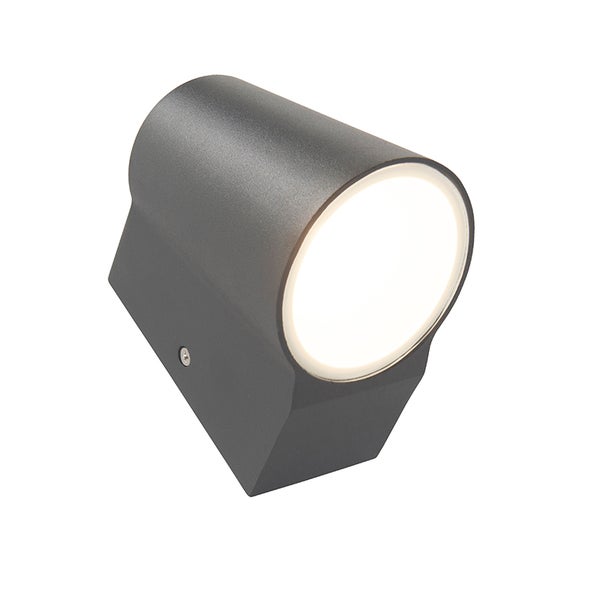 Moderne Außenwandleuchte aus Metall in Anthrazit mit rundem Lichtauslass.