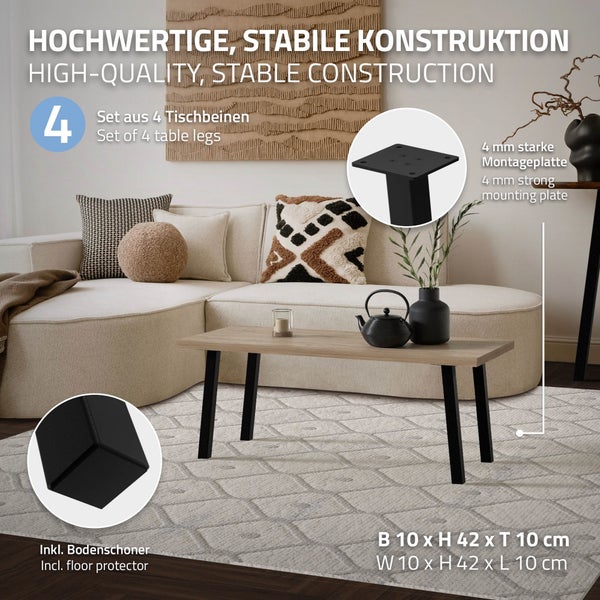 ML-Design 4er Set Tischbeine schräg H:42 cm, Schwarz glänzend, aus pulverbeschichtetem Stahl, eckig, Profil 4x4 cm, I-Form, Möbelfüße Metall 96° Neigung, Tischfüße Möbelbeine für Couchtisch, Sitzbank