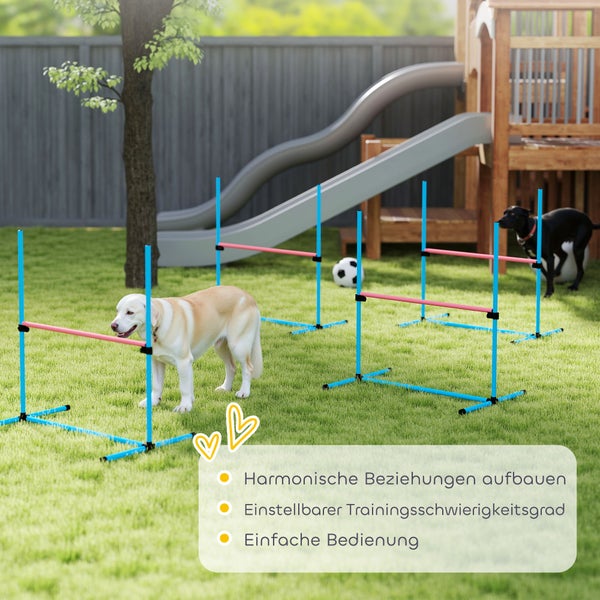 Höhenverstellbares Hunde Agility Hürden Set im Garten mit zwei Hunden beim Training auf dem Rasen.