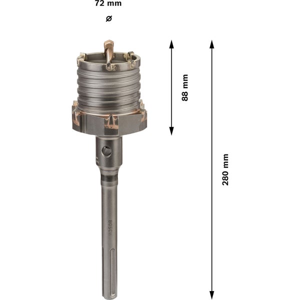 Bosch Bohrkrone mit einer Länge von 280 mm und einem Durchmesser von 72 mm.