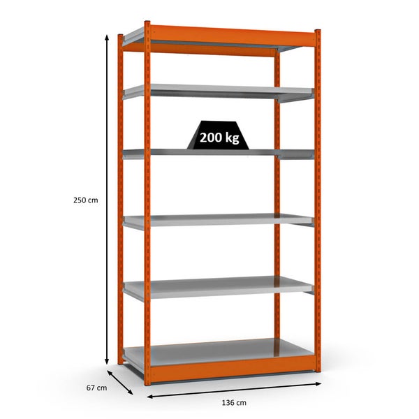 PROREGAL Fachbodenregal Stecksystem Vierkant-Profil Grundregal HxBxT 250 x 132,5 x 60 cm 6 Ebenen Einseitige Bauart Fachlast 200 kg Orange
