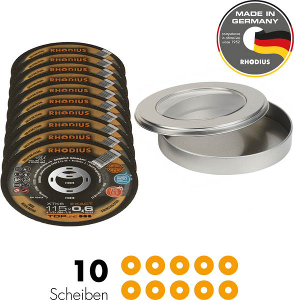 RHODIUS Trennscheibe XTK6 EXACT, 10 Stück, 115 x 0,6 x 22,23 mm für Edelstahl, Stahl, Metall, TOPline