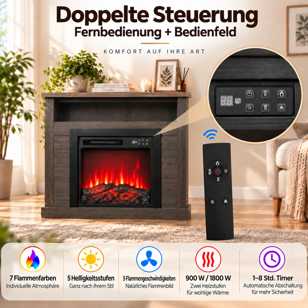 Elektrischer Kamin mit Fernbedienung und Bedienfeld, 1800 Watt, einstellbare Flammenfarben, Heizstufen und Timer, Holzoptik Gehäuse.