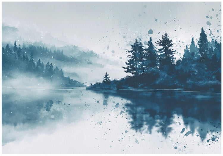 Illustration einer Waldlandschaft mit Bäumen und See