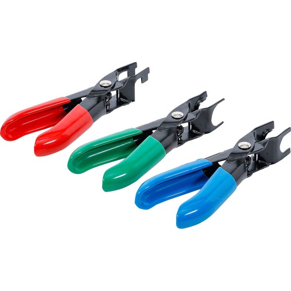 Drei Schlauchklemmenzangen mit farbigen Griffen