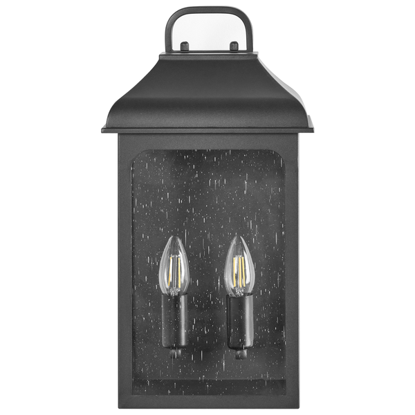 Wandaußenleuchte in Laternenform mit zwei Lichtquellen und dekorativem Blasenglas.