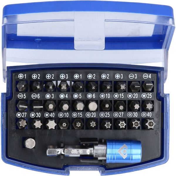 Bit-Set mit verschiedenen Schraubendreher-Bits und Bithalter in blauer Box