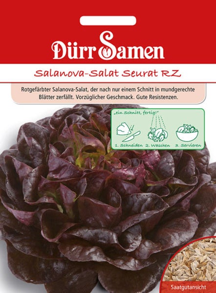 Samentüte für Dürr Samen Salanova-Salat Seurat RZ mit rotem Salat, Zubereitungsschritten und Saatgutansicht. Dürr Samen Logo.
