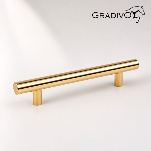 Goldfarbener Möbelgriff in Stangenform mit Gradivo Logo