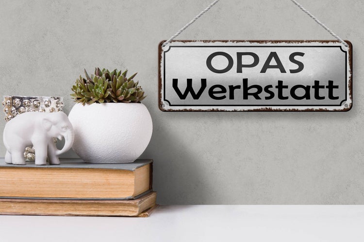 Blechschild Spruch 27x10cm Opas Werkstatt Familie graues Schild