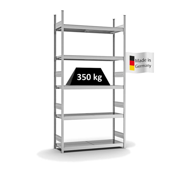 PROREGAL Weitspannregal Stecksystem T-Profil Grundregal HxBxT 300x150x40 cm 5 Ebenen Stahlplatten Fachboden Fachlast 350 kg Verzinkt