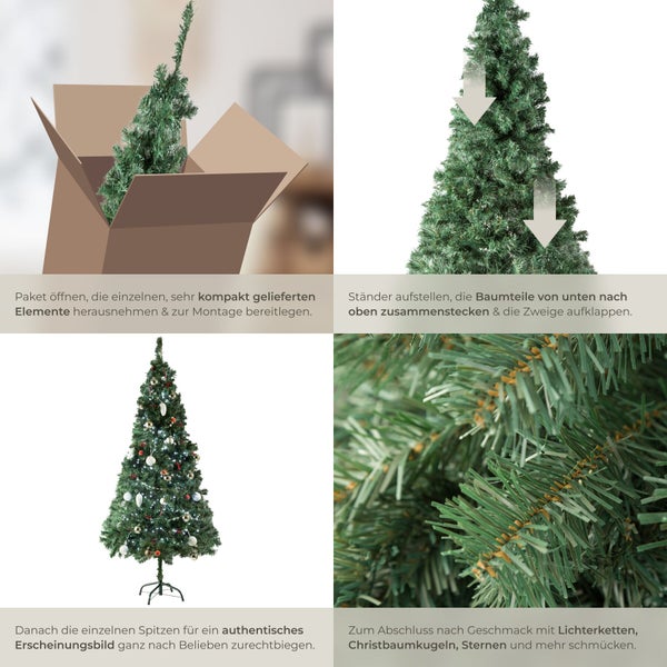 Montageanleitung für einen künstlichen Weihnachtsbaum in vier Schritten vom Auspacken bis zur Dekoration.
