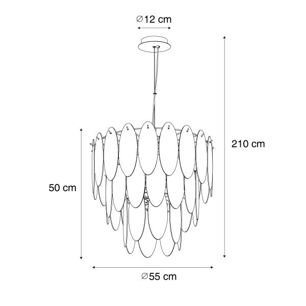 Technische Zeichnung einer Hängelampe mit den Maßen: Durchmesser Lampenschirm 55 cm, Höhe Lampenschirm 50 cm, Durchmesser Deckenhalterung 12 cm, Gesamthöhe 210 cm.