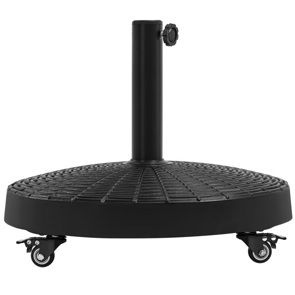 Schwarzer fahrbarer Sonnenschirmständer mit Rollen und einer Feststellschraube am Standrohr.