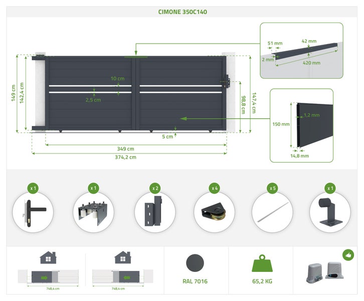 Abmessungen und Komponenten des Schiebetors Cimone 350C140