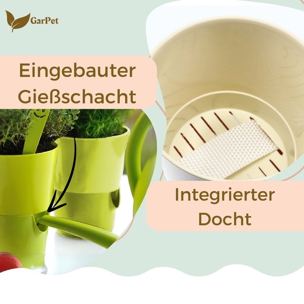 GarPet Logo. Nahaufnahme von Blumentöpfen mit Bewässerungssystem.