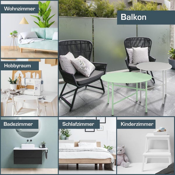Collage verschiedener Wohnbereiche: Wohnzimmer, Balkon, Hobbyraum, Badezimmer, Schlafzimmer und Kinderzimmer