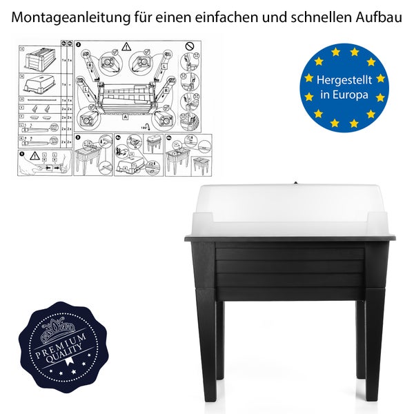 Abbildung eines Hochbeets mit Montageanleitung, Hergestellt in Europa Siegel und Premium Qualität Siegel