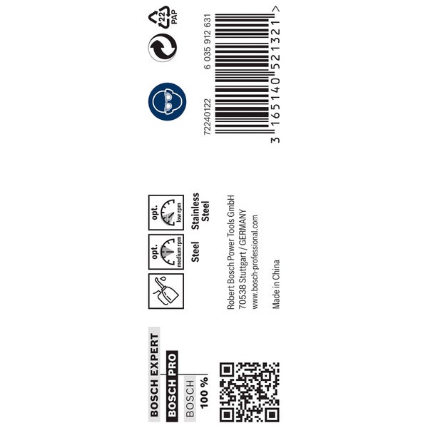 Bosch Expert, Bosch Pro: Geeignet für Stahl und Edelstahl, Schutzbrille tragen, Papierverpackung.