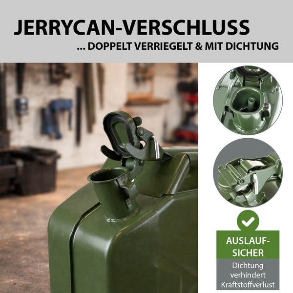 Detailansicht eines grünen Benzinkanisters mit auslaufsicherem Verschluss