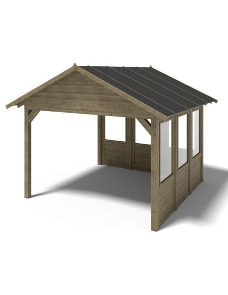 Holzpavillon mit Satteldach und Seitenwänden inklusive Glaselementen für den Garten
